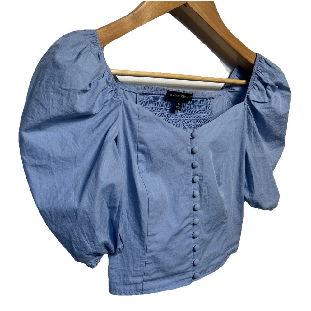Banana Republic Cropped Puff Sleeve Button Down Blouse Light Blue Women's Sz XS‎